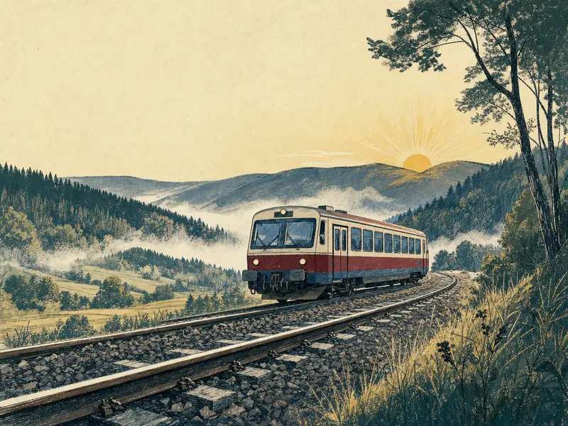 Stilisierte Darstellung eines Morgenzuges: ein gezeichneter Triebwagen zieht über eine Linie, dahinter eine aufgehende Sonne über Hügeln