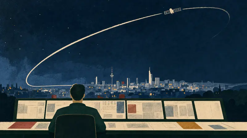 Stilisierte redaktionelle Illustration eines Kontrolltischs mit abstrahierter Umlaufbahn über der Silhouette einer Stadt