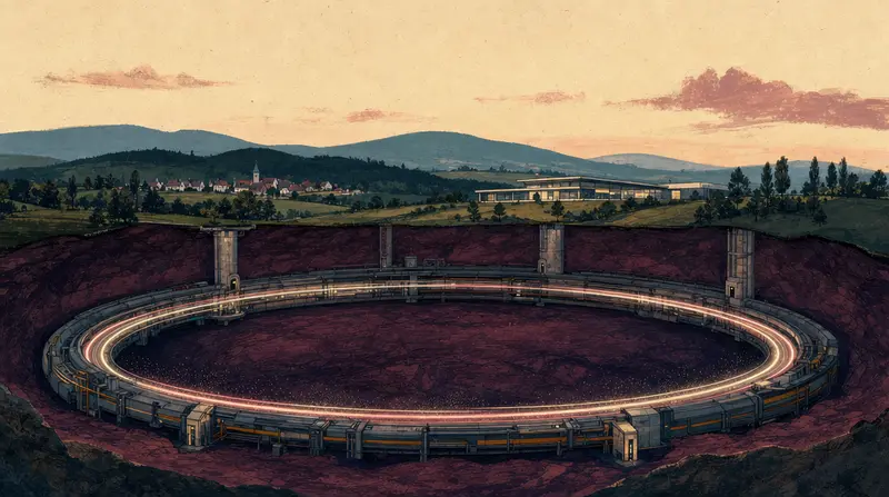 Stilisierte Illustration eines unterirdischen Rings mit Lichtspuren, darüber eine Zeichnung des Hügels und der Stadt