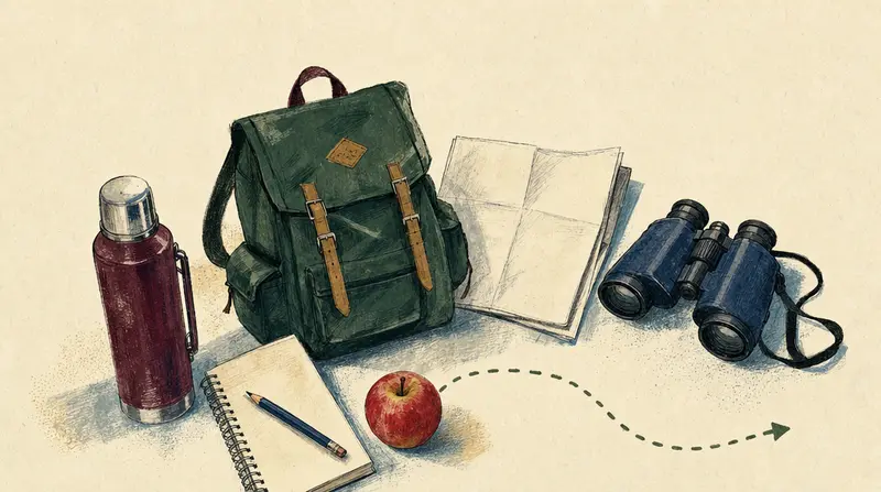 Flächige Illustration eines Wochenend-Stillebens: Rucksack, Hutschachtel, Notizblock, Fernglas und ein Kartenausschnitt auf Papier