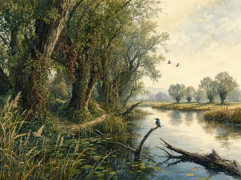 Stilisierte redaktionelle Illustration der Kühkopf-Auenlandschaft: knorrige Weiden und alte Eichen an einem stillen Altrheinarm mit Schilf und Reiher im weichen Spätsommerlicht