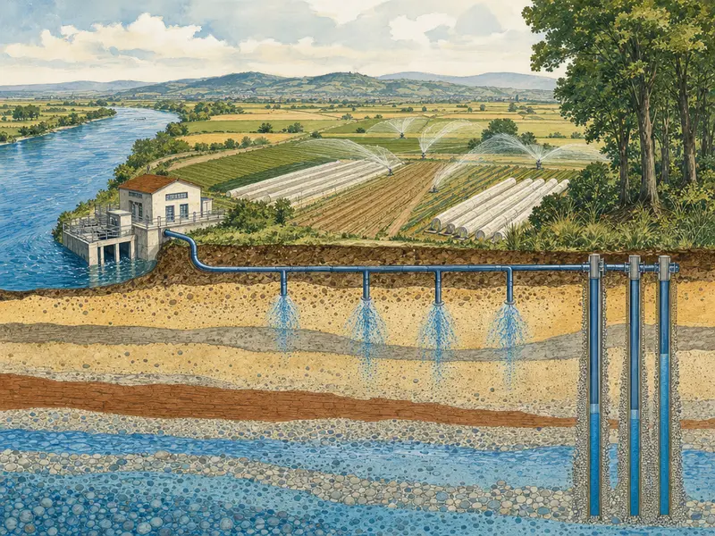 Stilisierte redaktionelle Illustration des hydrogeologischen Schnitts im Hessischen Ried: Flussband des Rheins, Aufbereitungswerk Biebesheim, beregnete Felder und Brunnenrohre im sandigen Aquifer