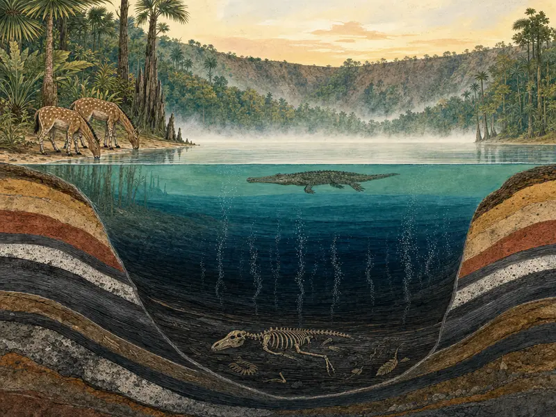 Stilisierte redaktionelle Illustration des mitteleozänen Maar-Sees von Messel: Uferdschungel mit Palmen, trinkende Urpferdchen und hydrogeologischer Tiefenschnitt durch das sauerstofffreie Seewasser in den feingeschichteten Ölschiefer