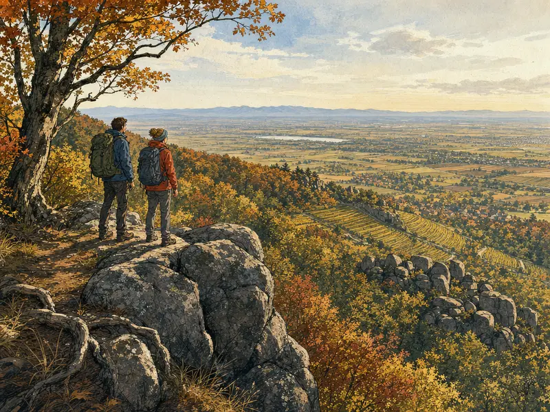 Stilisierte redaktionelle Illustration des Nibelungensteigs im Herbst: Wanderer auf den Felsklippen des Melibokus mit Blick über die Bergstraßen-Hänge und terrassierten Weinberge ins sonnige Rheintal
