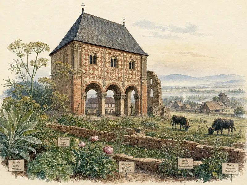Stilisierte redaktionelle Illustration der karolingischen Königshalle Lorsch mit rot-weißer Inkrustationsfassade, davor der historische Kräutergarten und im morgendlichen Dunst das Freilichtlabor Lauresham mit Auerrindern