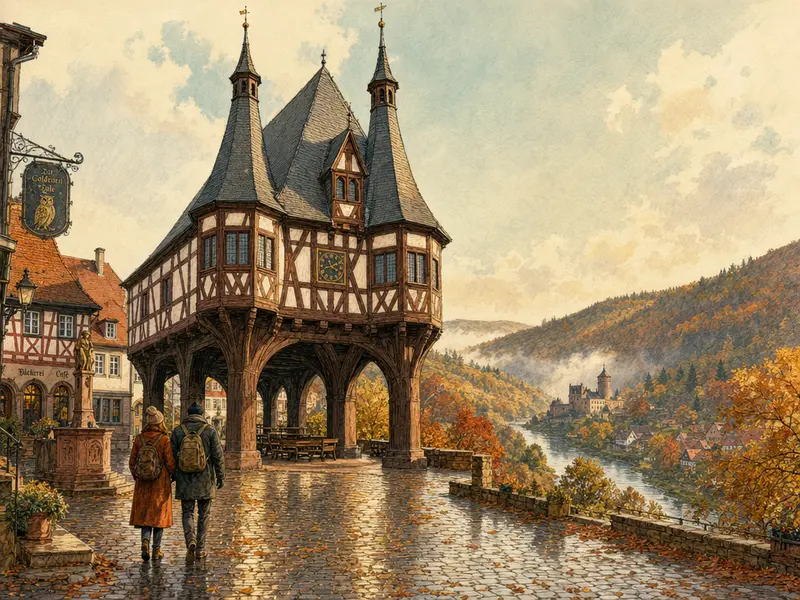 Stilisierte redaktionelle Illustration des herbstlichen Mümlingtals: Im Vordergrund das spätgotische Rathaus von Michelstadt auf drei Eichenholzpfeilern, im Talhintergrund Schloss Erbach und die rote Odenwaldbahn vor bunten Hängen