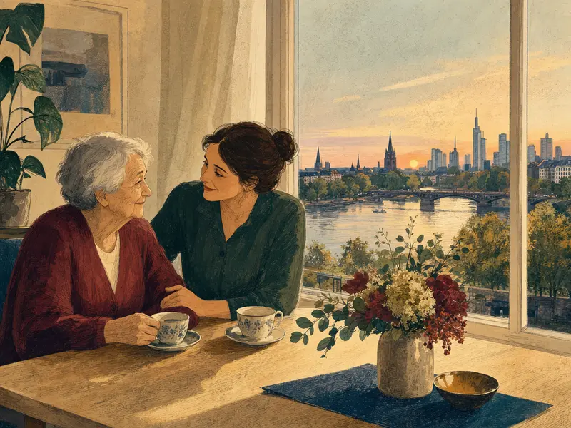 Editorial-Illustration: Eine ältere Person und eine Betreuerin sitzen an einem hellen Holztisch an einem großen Fenster mit Blick auf eine Flusslandschaft.